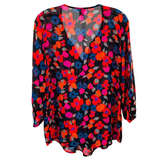Mercer & Madison Orange Pink Floral V-Neck Long Sleeve Top Blouse M - Picture 2 of 9